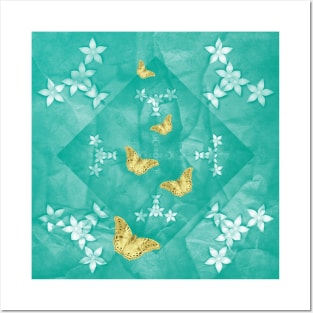 Gold butterflies and silver flowers on a textured teal mandala Posters and Art